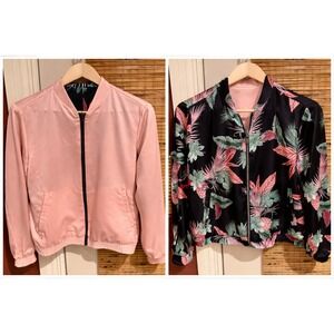 GAP Reversible Bomber Jacket Pink Solid‎ Tropical Pineapple Print Womens M